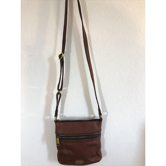 Fossil Crossbody Bag Brown Leather Purse Brass Hardware Zip Side Pocket & Top - Picture 1 of 6